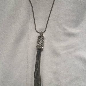 Long silver necklace w/rhinestones & tassel